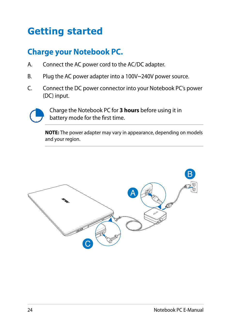 Getting started, Charge your notebook pc | Asus X750JB User Manual | Page 24 / 110