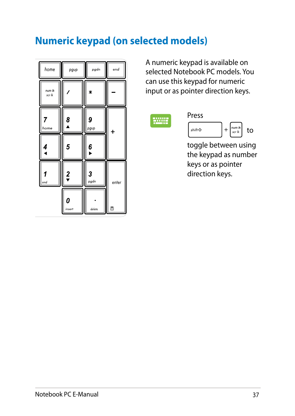 Numeric keypad (on selected models) | Asus X750JB User Manual | Page 37 / 110