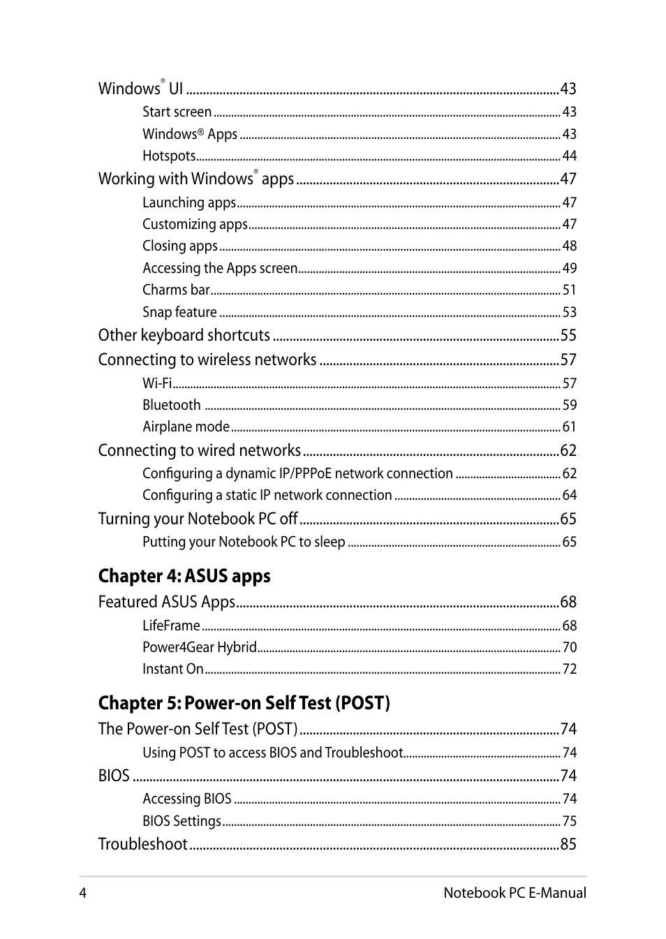 Chapter 4: asus apps, Chapter 5: power-on self test (post) | Asus X750JB User Manual | Page 4 / 110