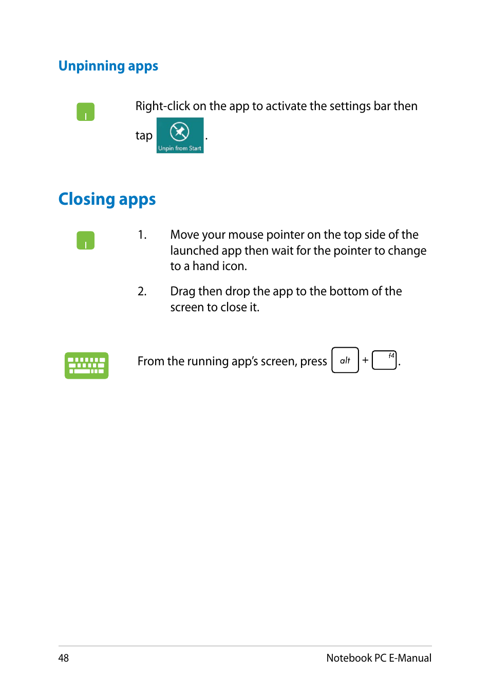 Closing apps | Asus X750JB User Manual | Page 48 / 110