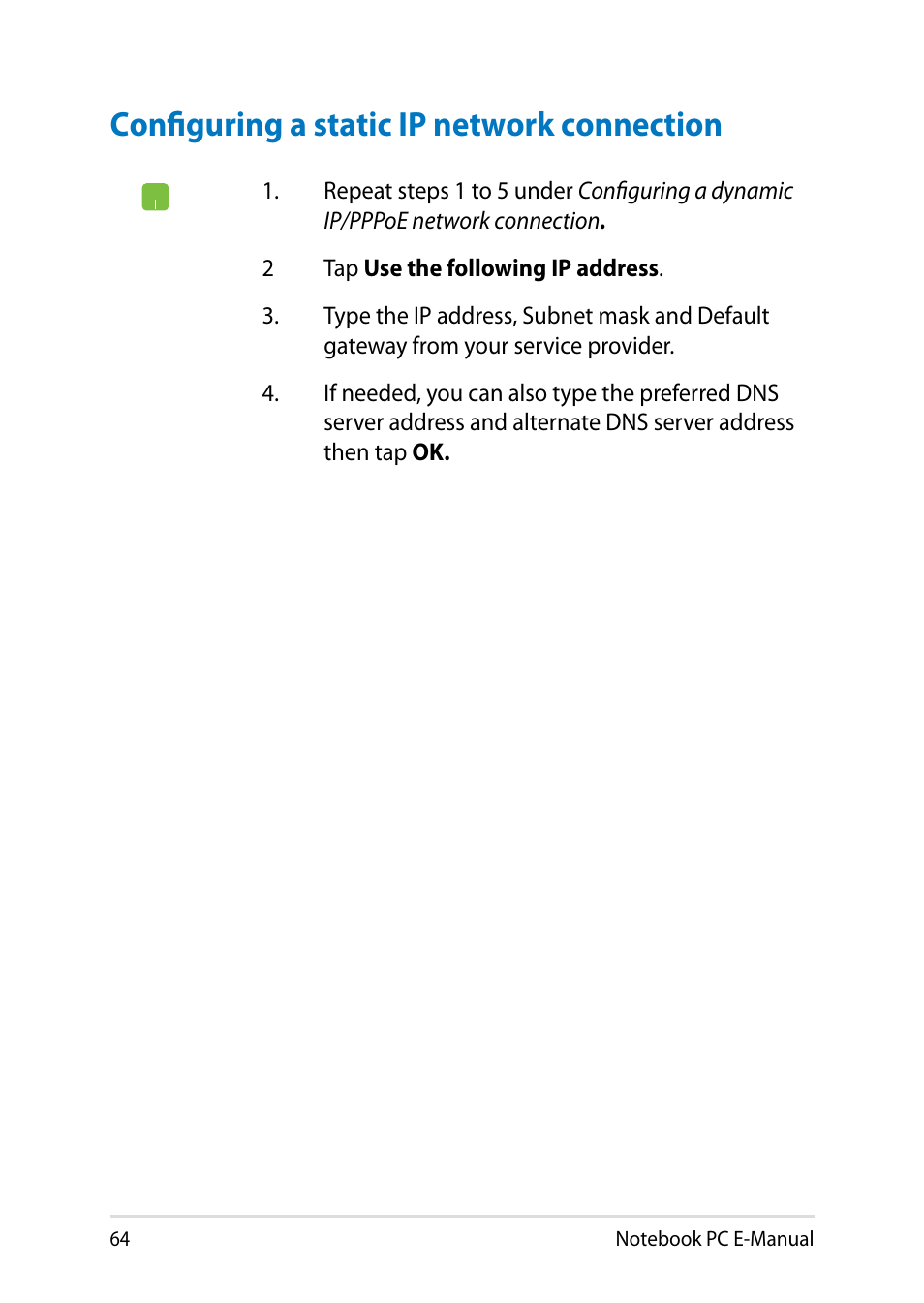 Configuring a static ip network connection | Asus X750JB User Manual | Page 64 / 110