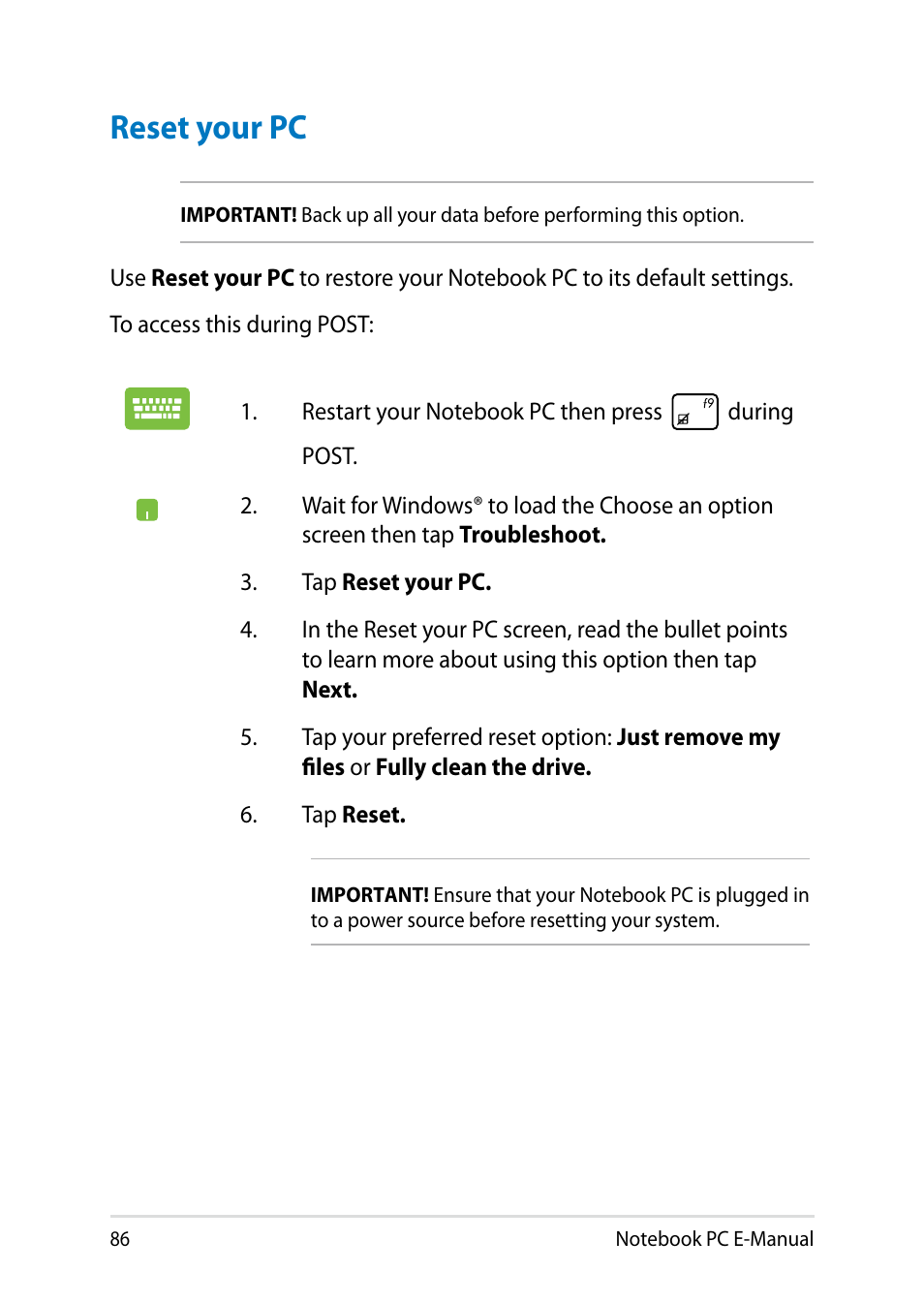 Reset your pc | Asus X750JB User Manual | Page 86 / 110