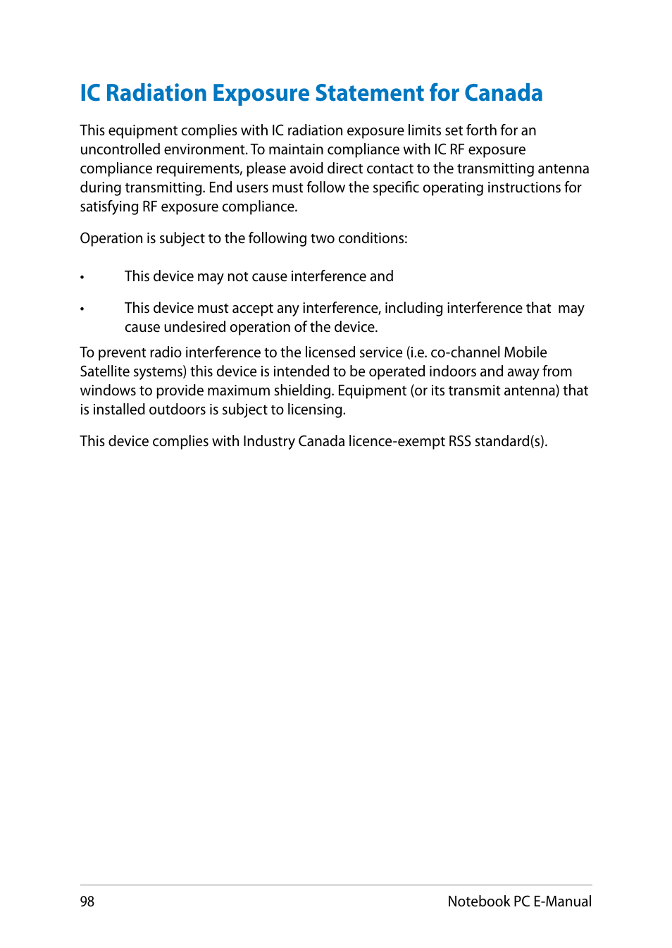 Ic radiation exposure statement for canada | Asus X750JB User Manual | Page 98 / 110