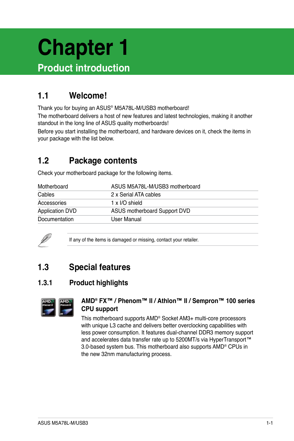 Chapter 1, Product introduction, 1 welcome | 2 package contents, 3 special features, 1 product highlights, Welcome! -1, Package contents -1, Special features -1 1.3.1, Product highlights -1 | Asus M5A78L-M/USB3 User Manual | Page 11 / 64
