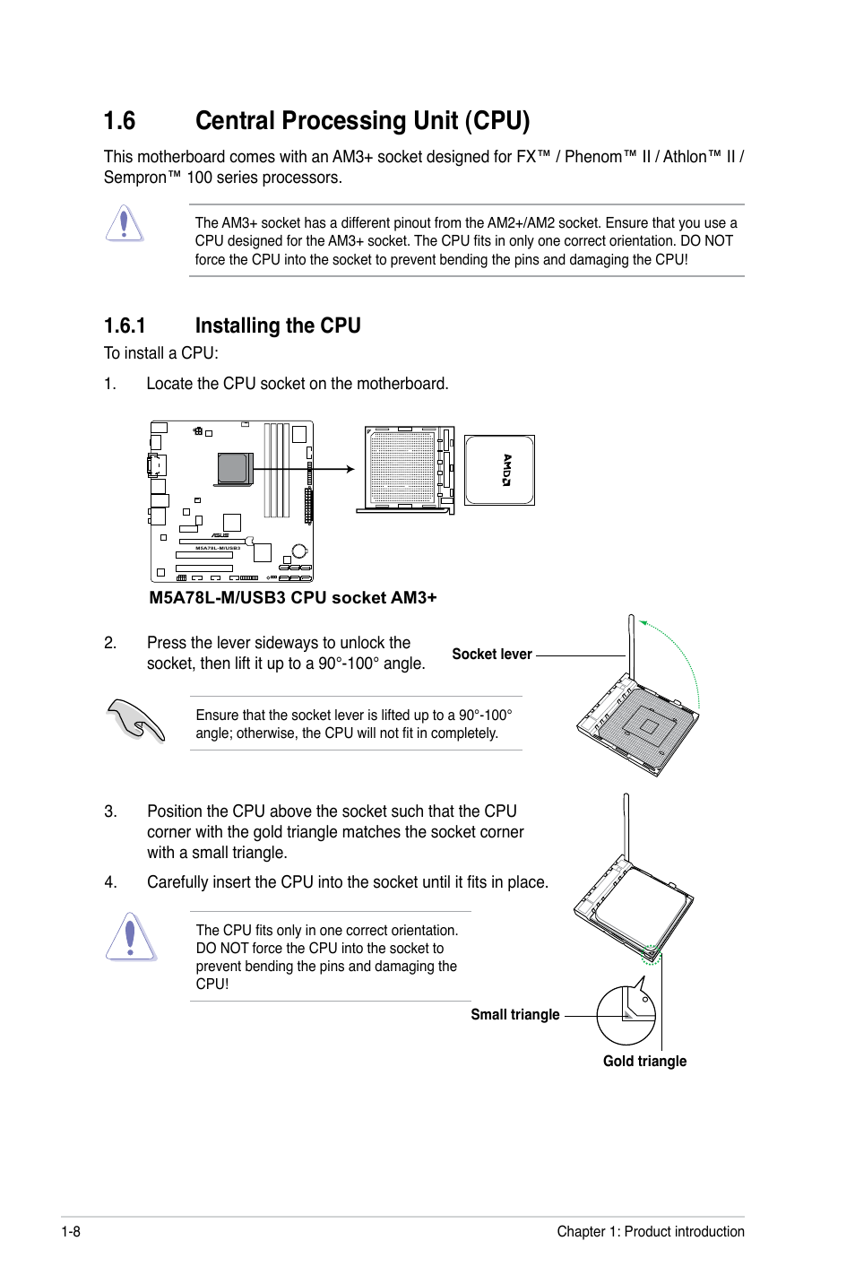 6 central processing unit (cpu), 1 installing the cpu, Central processing unit (cpu) -8 1.6.1 | Installing the cpu -8 | Asus M5A78L-M/USB3 User Manual | Page 18 / 64