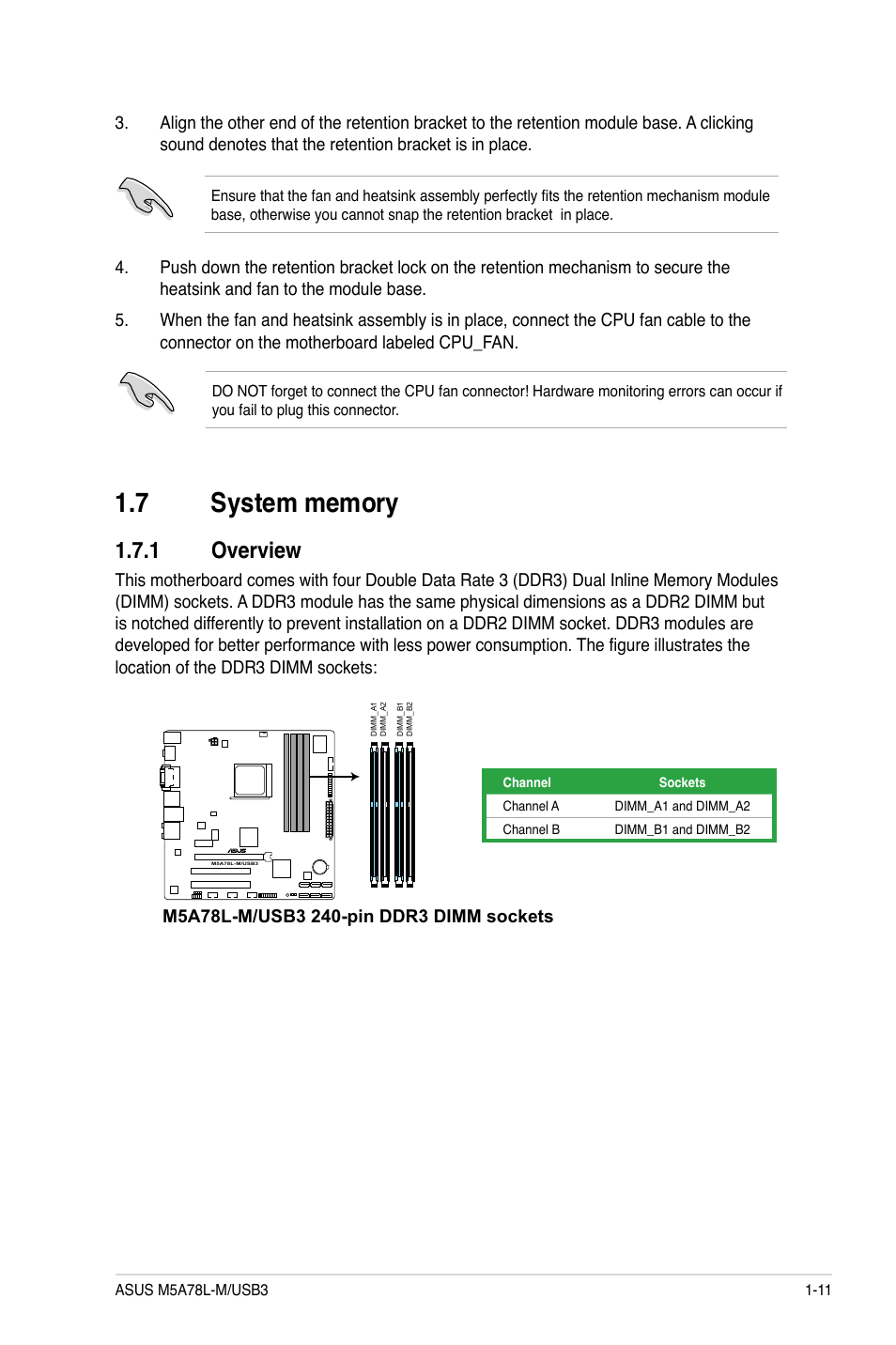 7 system memory, 1 overview, System memory -11 1.7.1 | Overview -11 | Asus M5A78L-M/USB3 User Manual | Page 21 / 64
