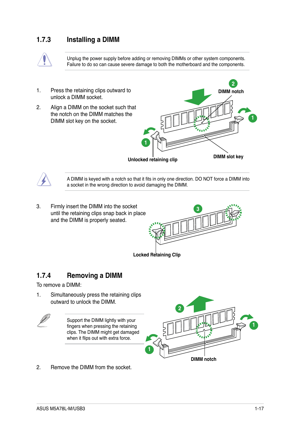 3 installing a dimm, 4 removing a dimm, Installing a dimm -17 | Removing a dimm -17 | Asus M5A78L-M/USB3 User Manual | Page 27 / 64