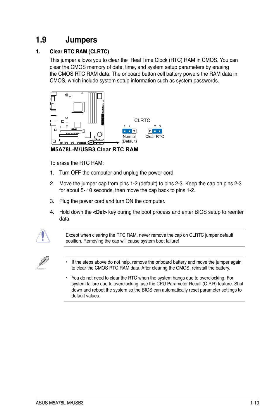 9 jumpers, Jumpers -19 | Asus M5A78L-M/USB3 User Manual | Page 29 / 64