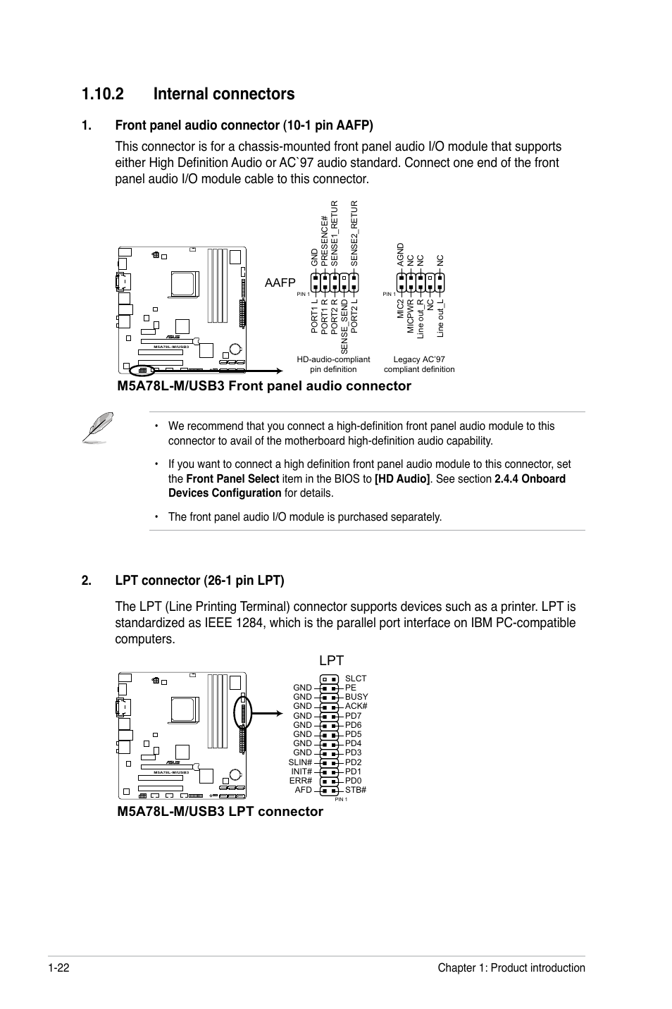 2 internal connectors, 2 internal connectors -22, M5a78l-m/usb3 front panel audio connector | M5a78l-m/usb3 lpt connector lpt | Asus M5A78L-M/USB3 User Manual | Page 32 / 64