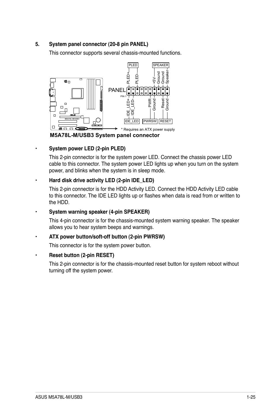 Panel, M5a78l-m/usb3 system panel connector | Asus M5A78L-M/USB3 User Manual | Page 35 / 64