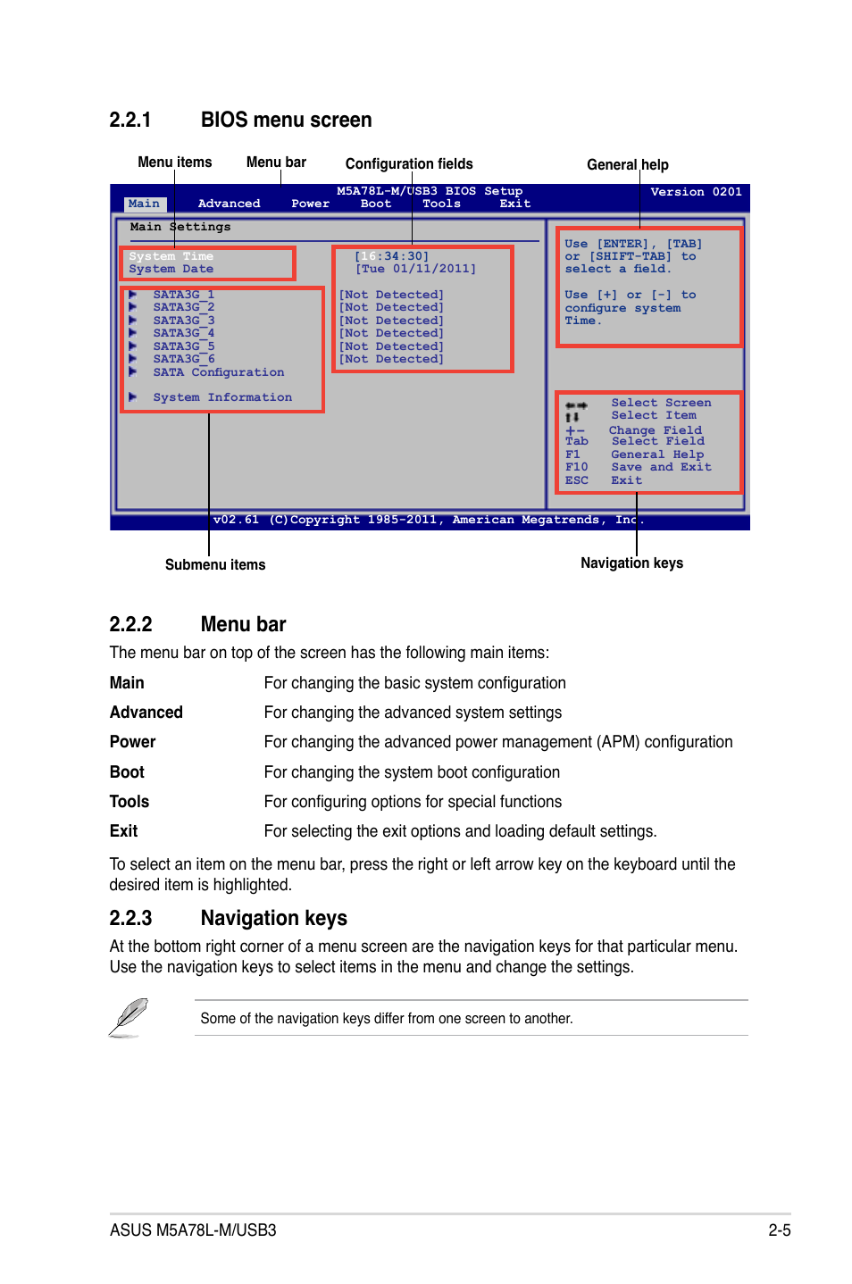 1 bios menu screen, 2 menu bar, 3 navigation keys | Bios menu screen -5, Menu bar -5, Navigation keys -5, 1 bios menu screen 2.2.2 menu bar | Asus M5A78L-M/USB3 User Manual | Page 43 / 64