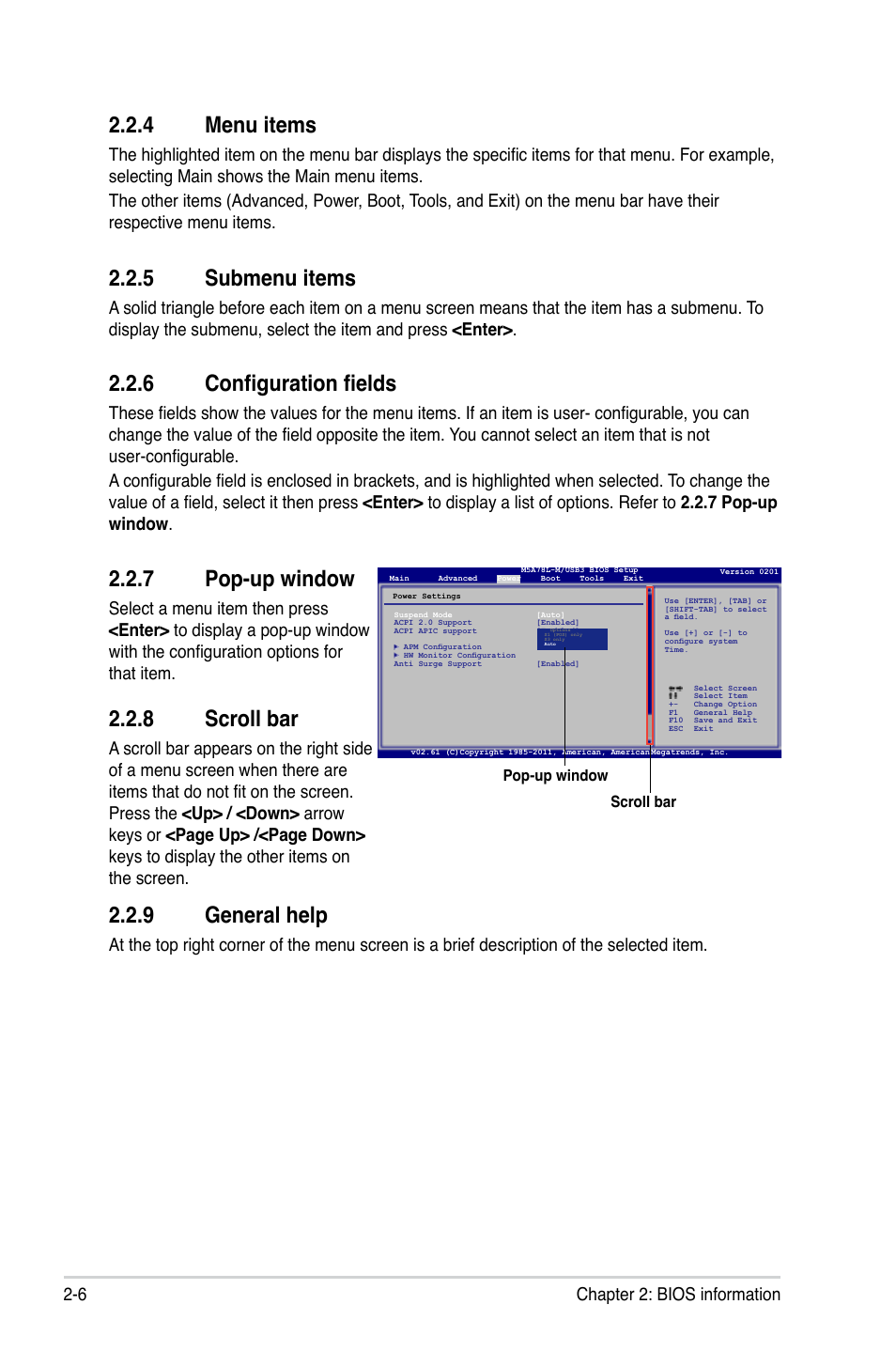 4 menu items, 5 submenu items, 6 configuration fields | 7 pop-up window, 8 scroll bar, 9 general help, Menu items -6, Submenu items -6, Configuration fields -6, Pop-up window -6 | Asus M5A78L-M/USB3 User Manual | Page 44 / 64