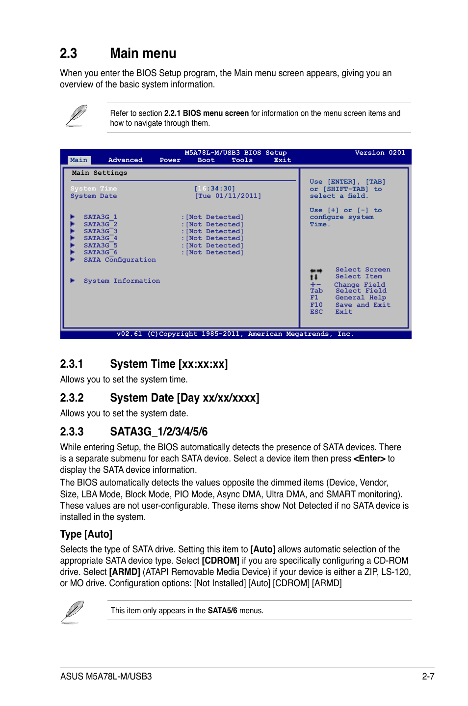 3 main menu, 1 system time [xx:xx:xx, 2 system date [day xx/xx/xxxx | 3 sata3g_1/2/3/4/5/6, Main menu -7 2.3.1, System time [xx:xx:xx] -7, System date [day xx/xx/xxxx] -7, Sata3g_1/2/3/4/5/6 -7, Type [auto | Asus M5A78L-M/USB3 User Manual | Page 45 / 64