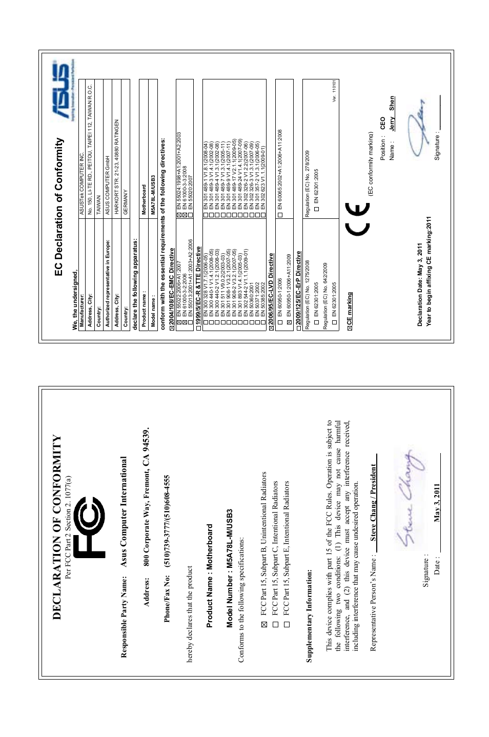 Declaration of conformity, Ec declaration of conformity, Asu s c om pu te r in te rn at io na l | Asus M5A78L-M/USB3 User Manual | Page 64 / 64