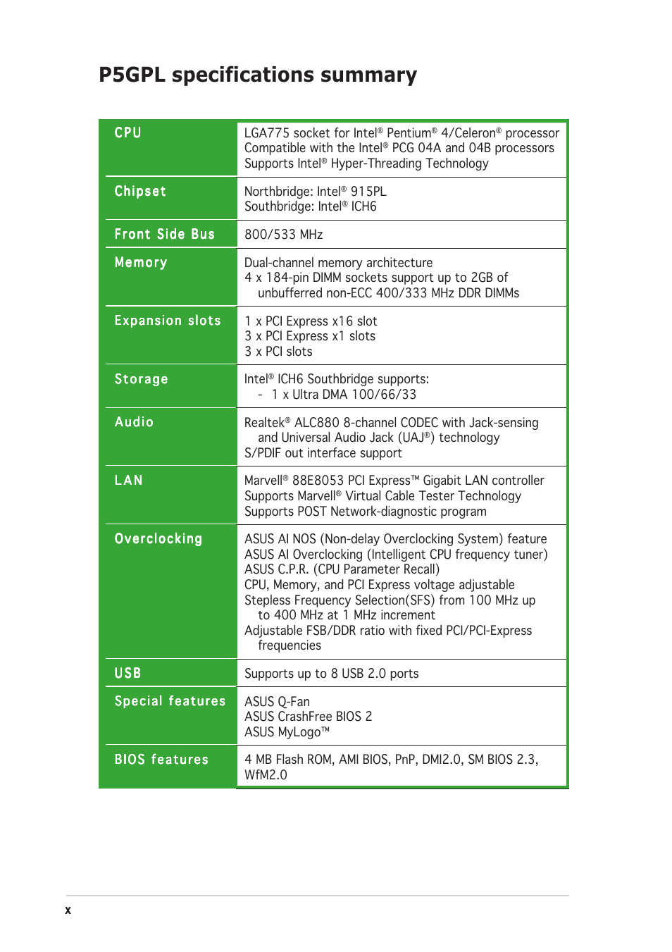 P5gpl specifications summary | Asus P5GPL User Manual | Page 10 / 92