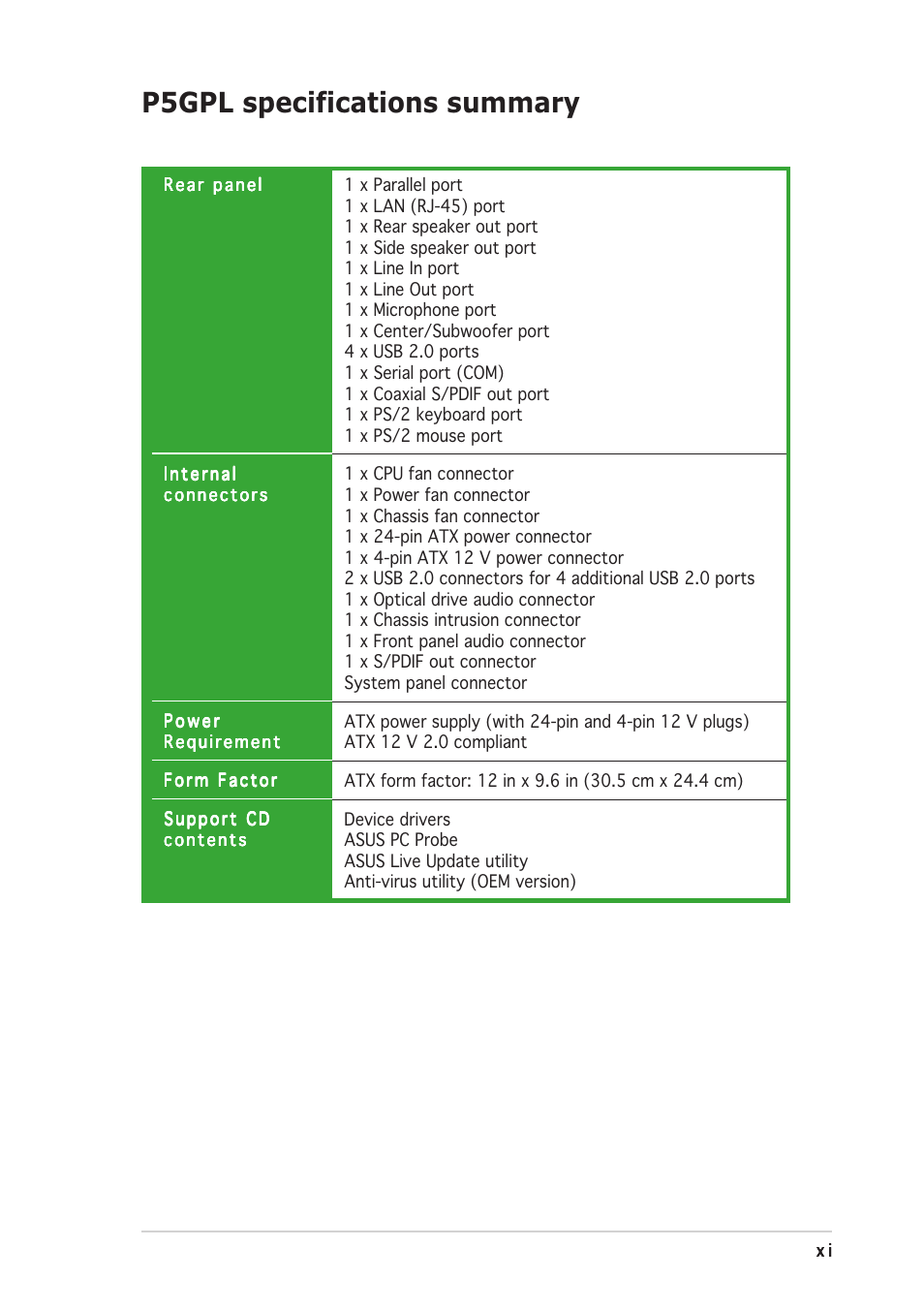 P5gpl specifications summary | Asus P5GPL User Manual | Page 11 / 92