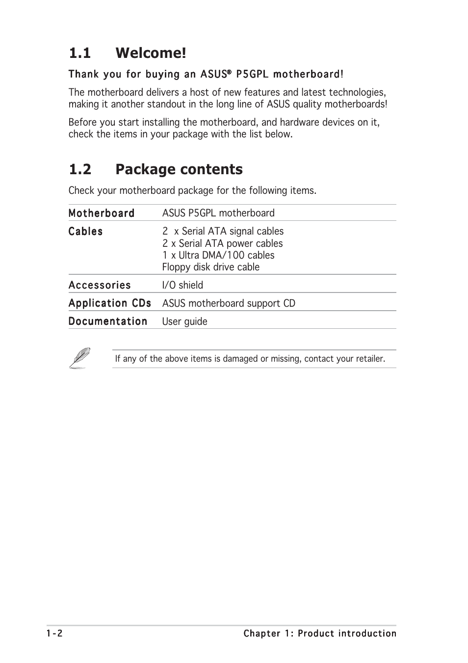 1 welcome, 2 package contents | Asus P5GPL User Manual | Page 14 / 92