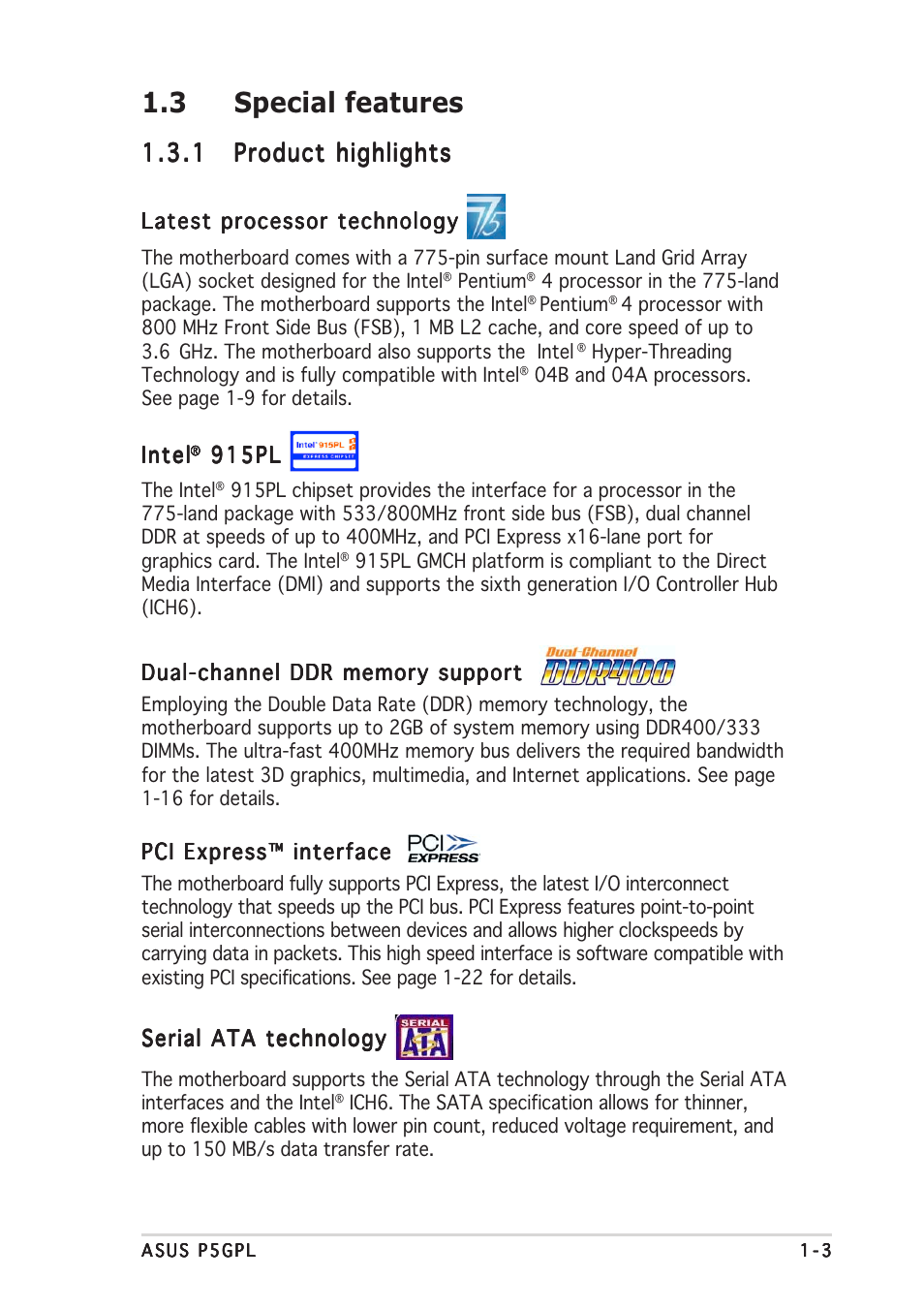 3 special features | Asus P5GPL User Manual | Page 15 / 92