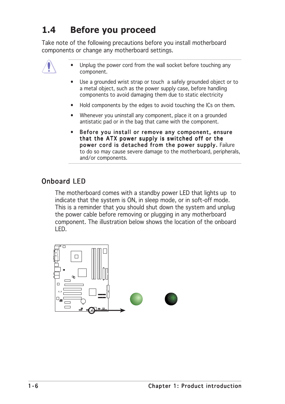 4 before you proceed, Onboard led | Asus P5GPL User Manual | Page 18 / 92