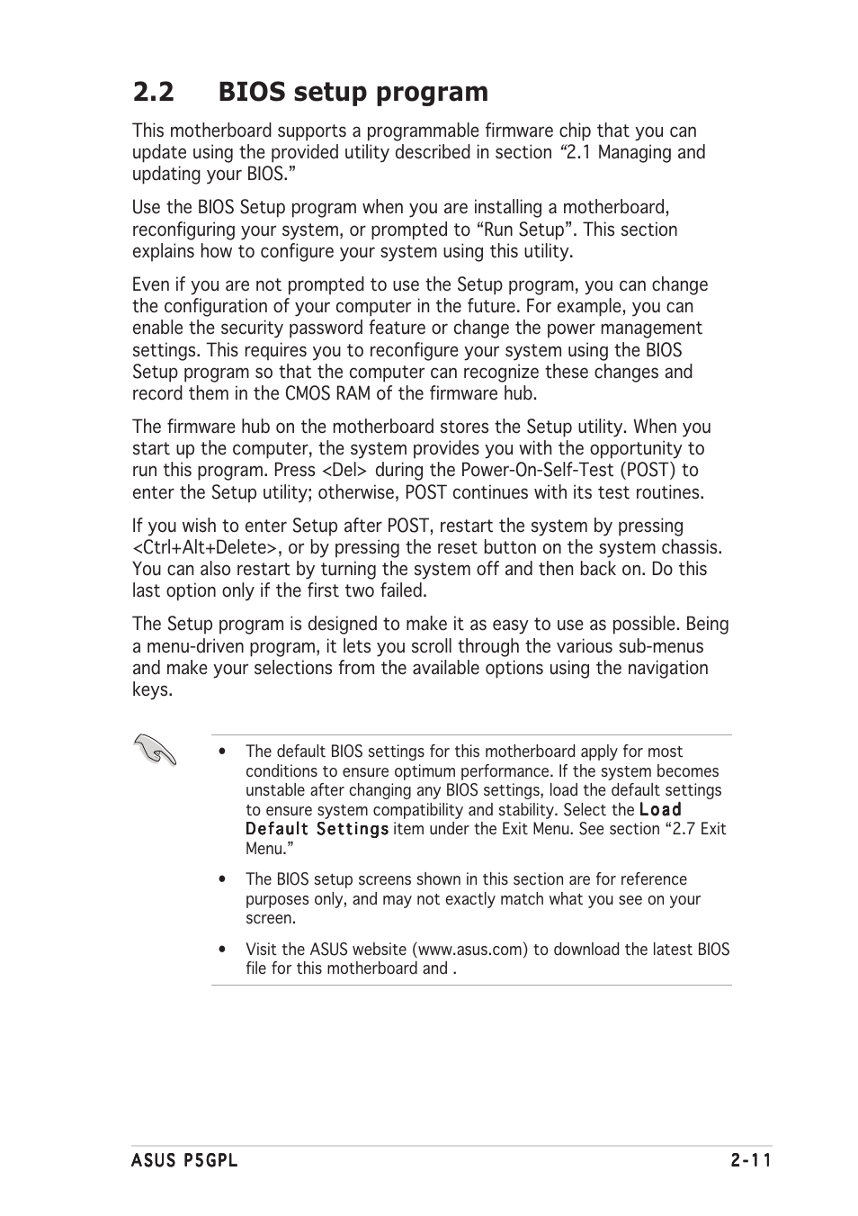 2 bios setup program | Asus P5GPL User Manual | Page 57 / 92