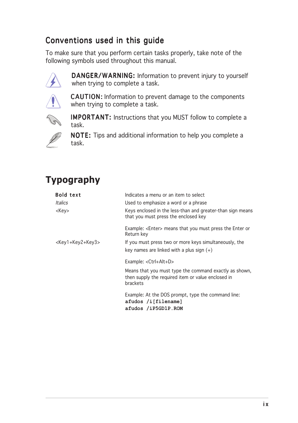 Typography, Conventions used in this guide | Asus P5GPL User Manual | Page 9 / 92