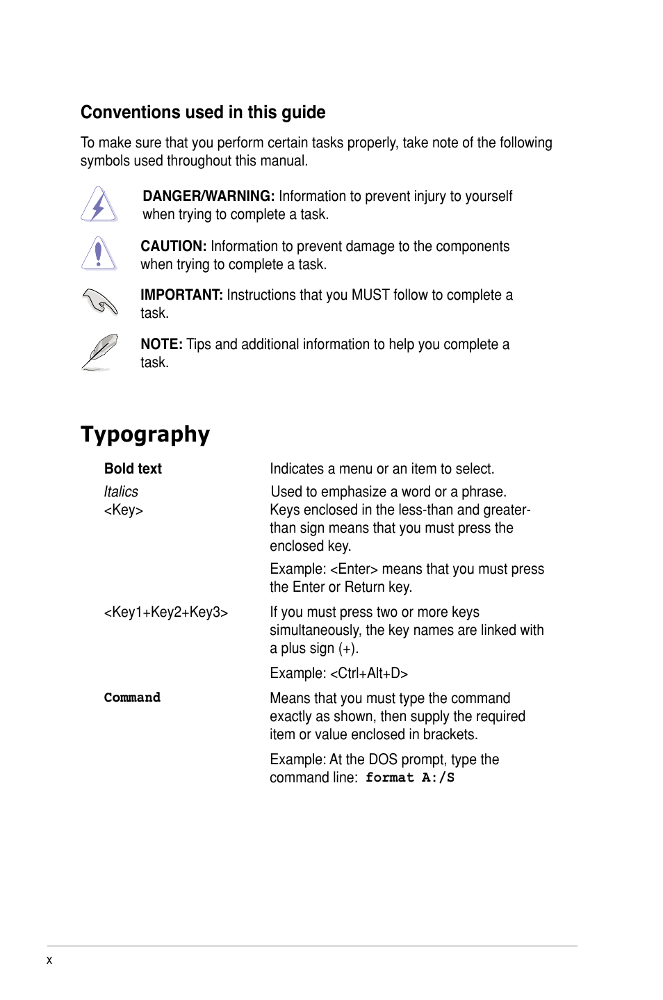 Typography, Conventions used in this guide | Asus KCMR-D12 User Manual | Page 10 / 144