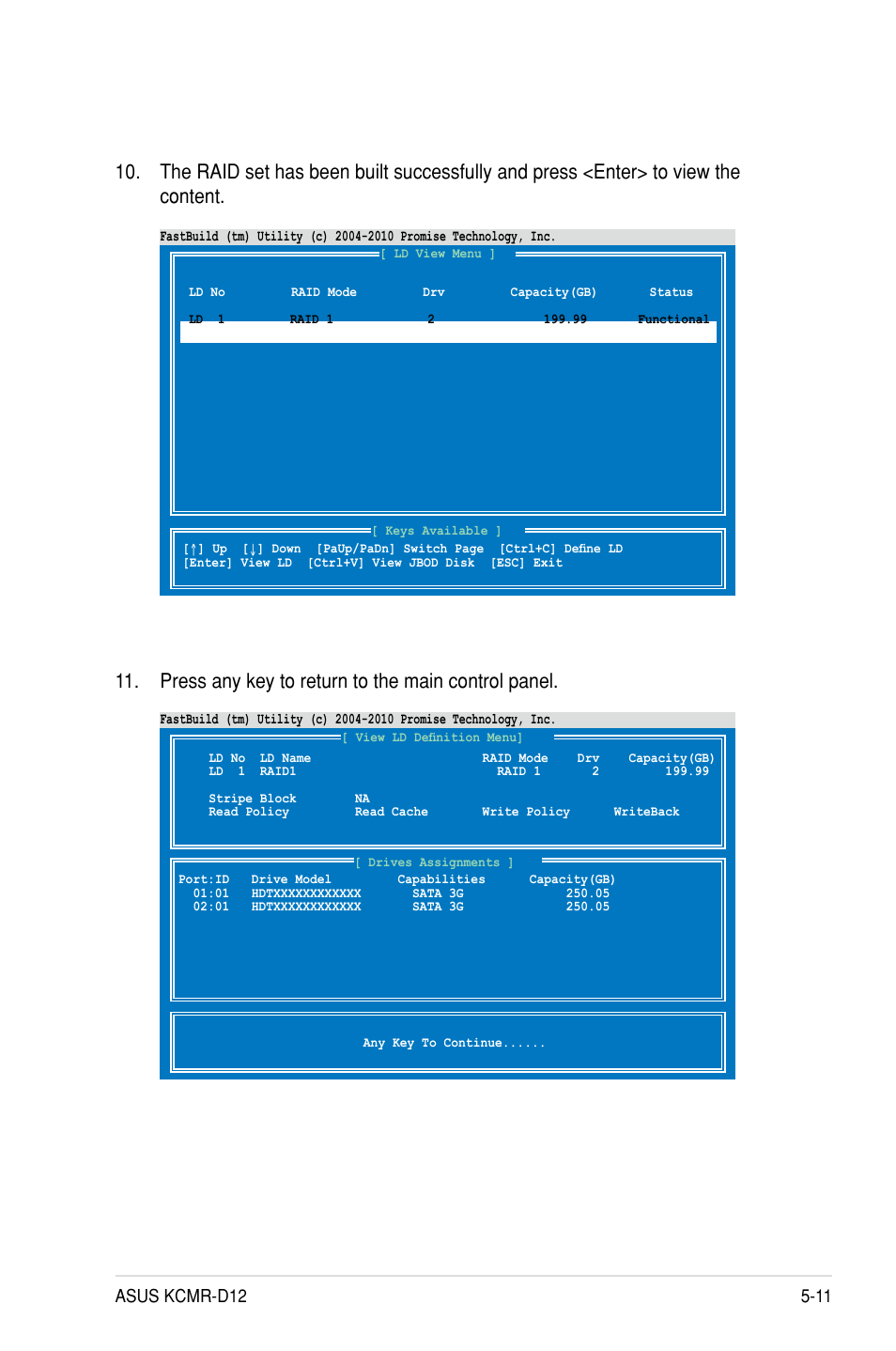 Press any key to return to the main control panel | Asus KCMR-D12 User Manual | Page 107 / 144
