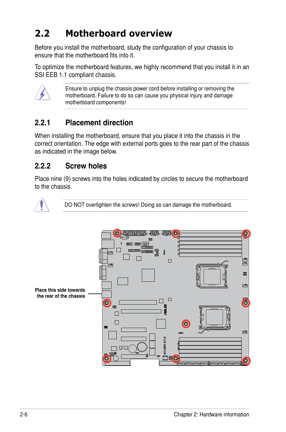 2 motherboard overview, 1 placement direction, 2 screw holes | Asus KCMR-D12 User Manual | Page 24 / 144