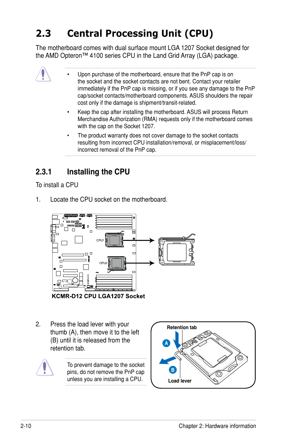 3 central processing unit (cpu), 1 installing the cpu | Asus KCMR-D12 User Manual | Page 28 / 144