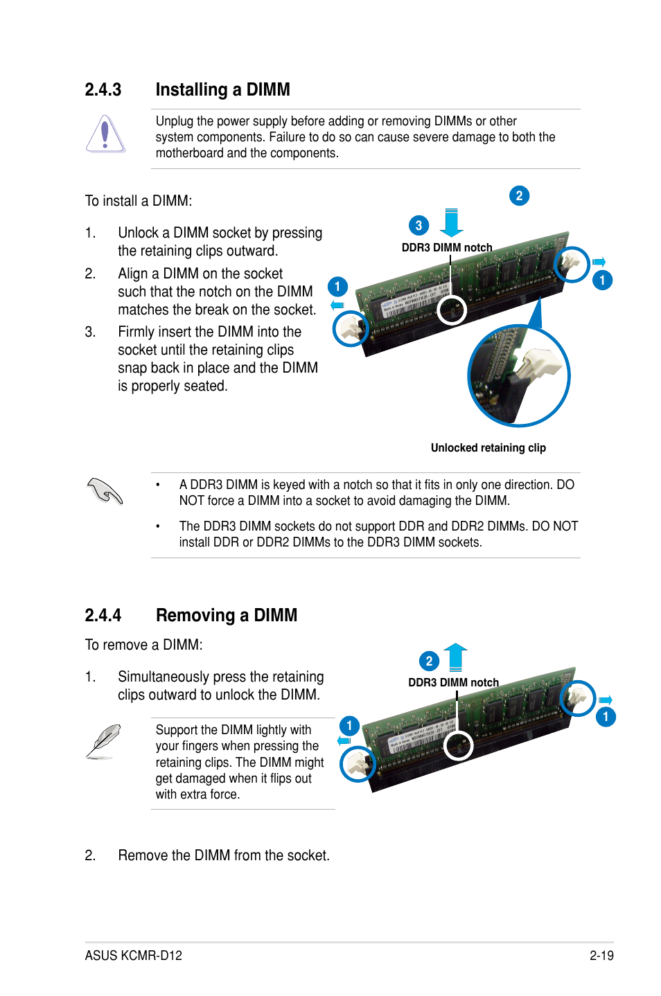 3 installing a dimm, 4 removing a dimm | Asus KCMR-D12 User Manual | Page 37 / 144