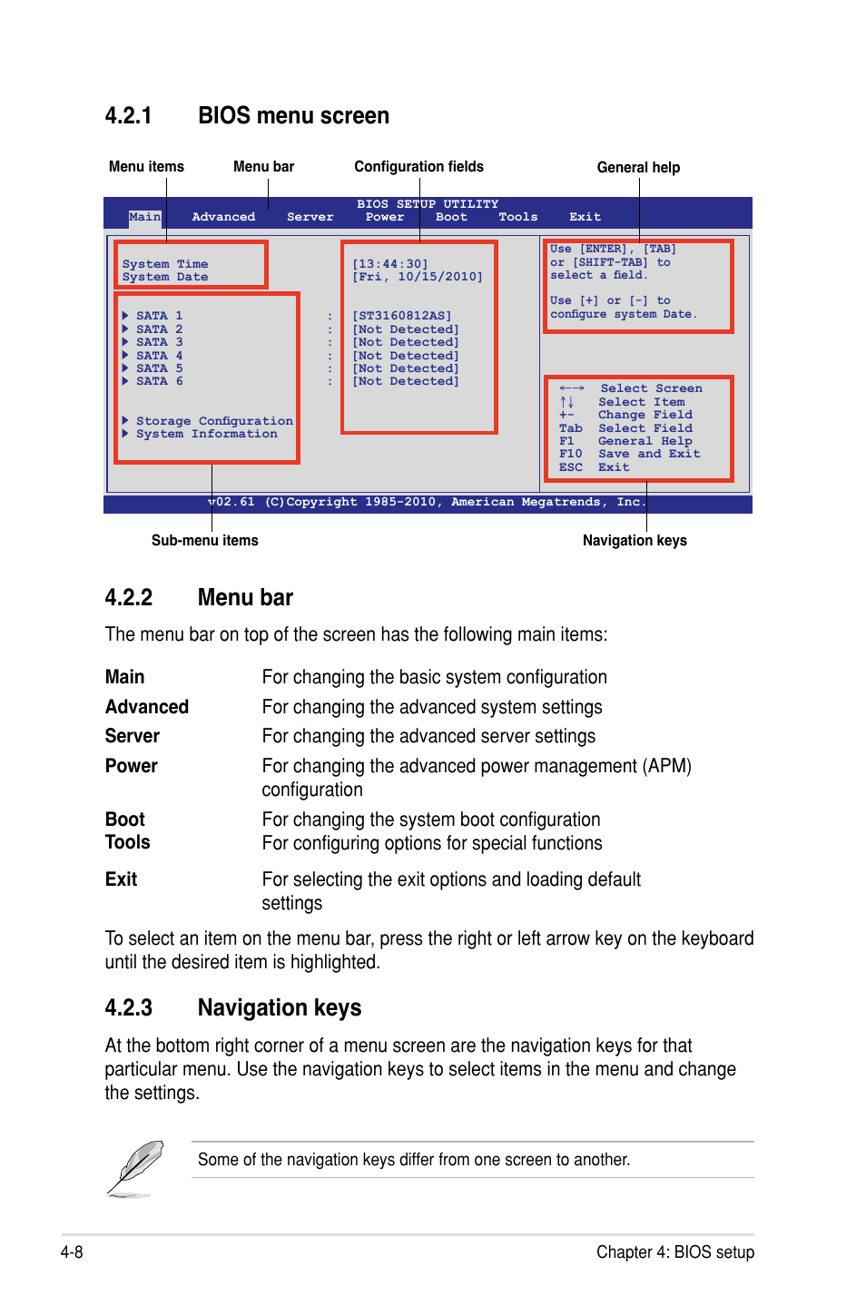 2 menu bar, 3 navigation keys, 1 bios menu screen | Asus KCMR-D12 User Manual | Page 66 / 144