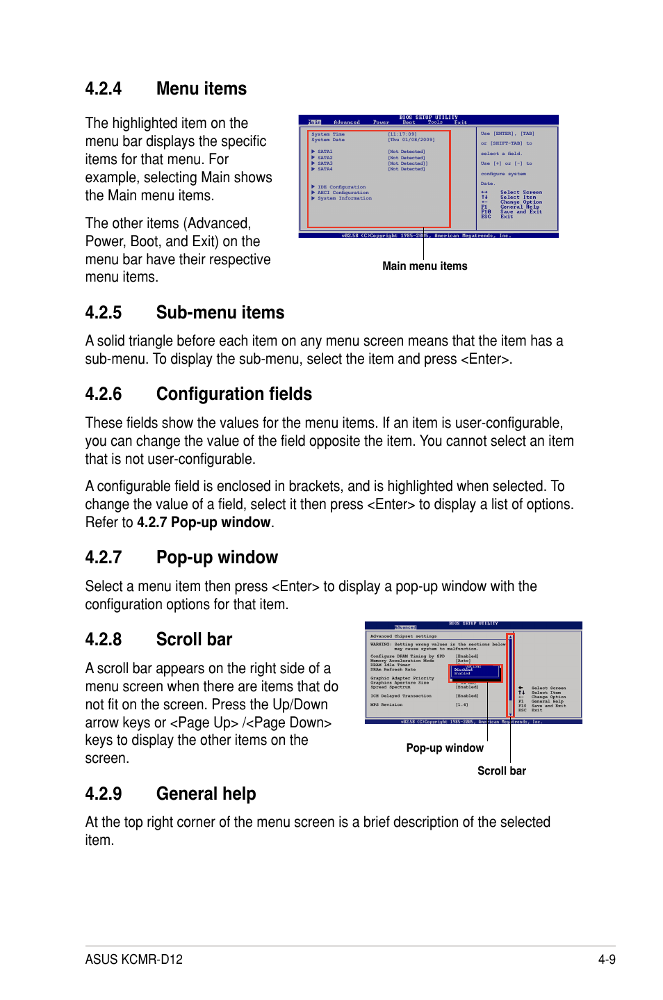 4 menu items, 5 sub-menu items, 6 configuration fields | 7 pop-up window, 8 scroll bar, 9 general help, Asus kcmr-d12 4-9 | Asus KCMR-D12 User Manual | Page 67 / 144
