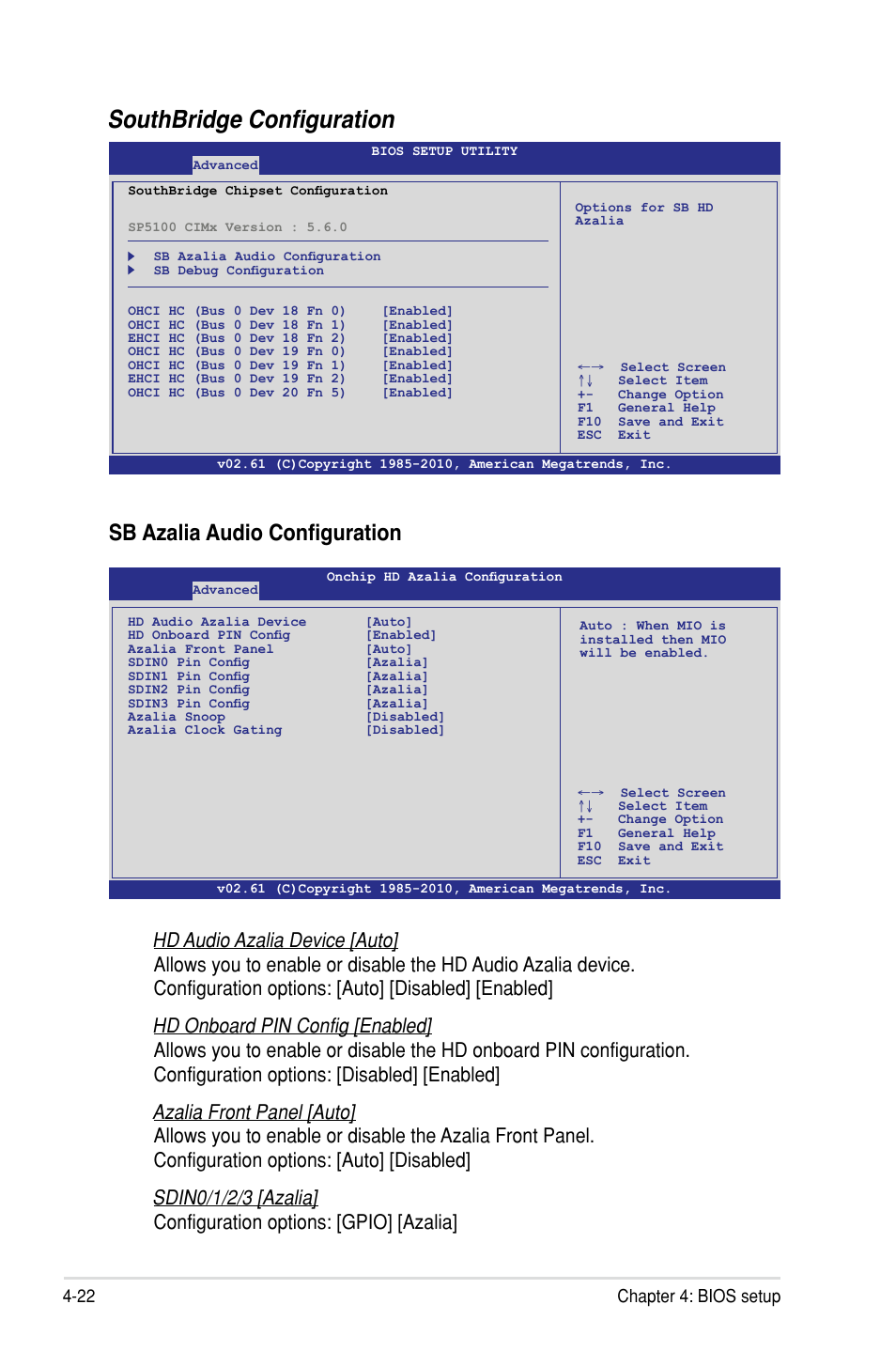 Southbridge configuration, Sb azalia audio configuration, 22 chapter 4: bios setup | Asus KCMR-D12 User Manual | Page 80 / 144