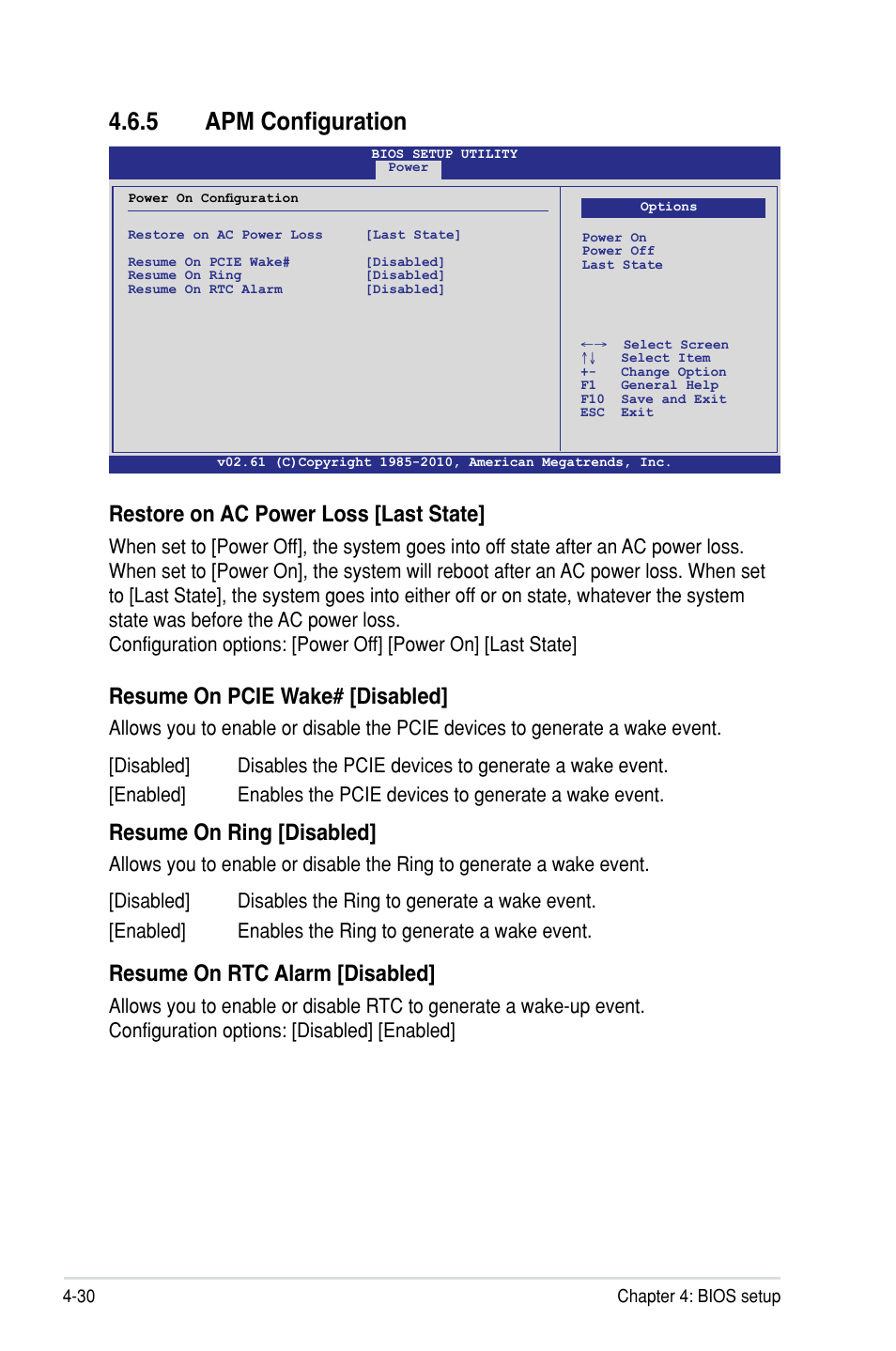 5 apm configuration, Restore on ac power loss [last state, Resume on pcie wake# [disabled | Resume on ring [disabled, Resume on rtc alarm [disabled | Asus KCMR-D12 User Manual | Page 88 / 144
