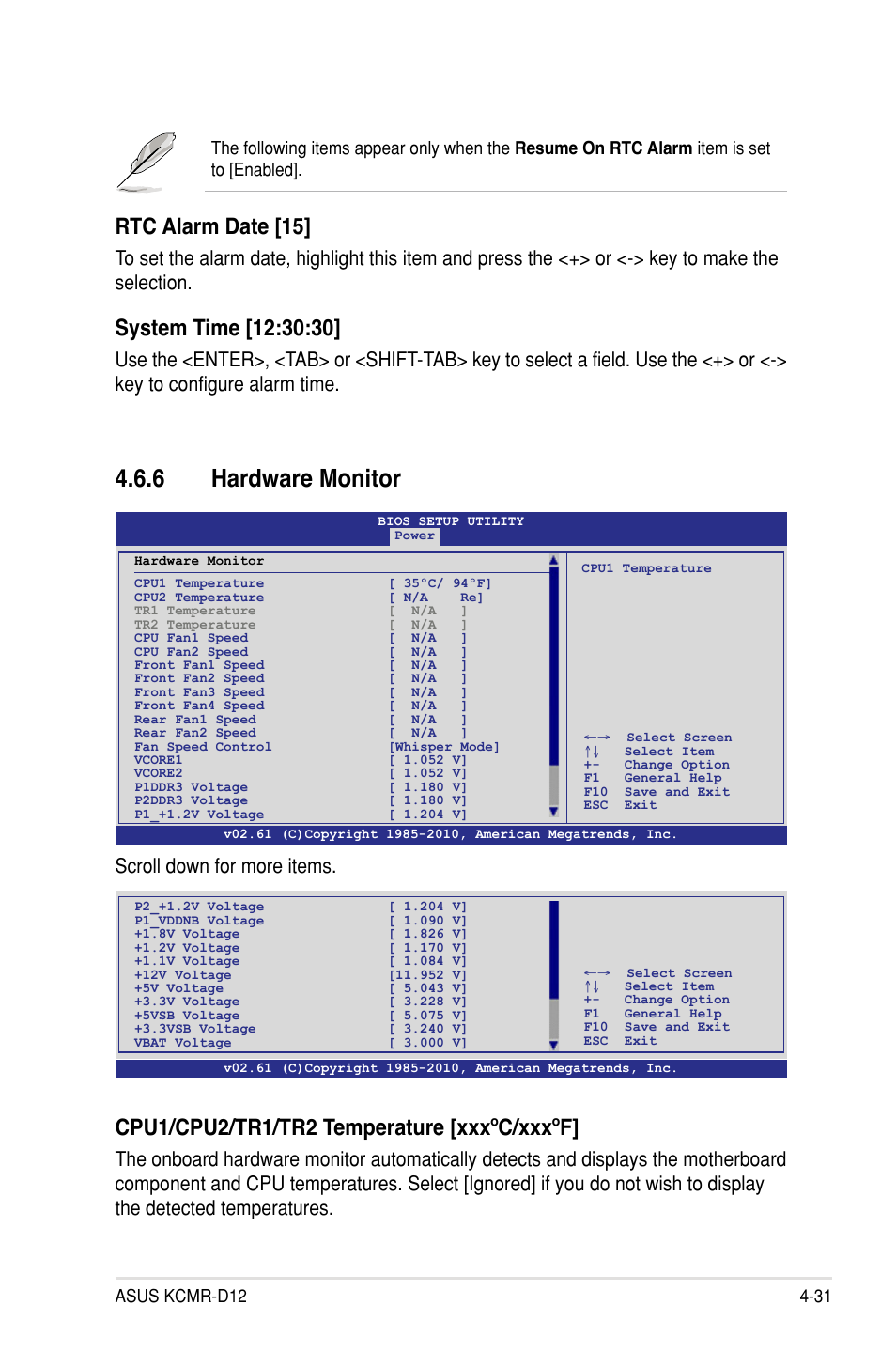 6 hardware monitor, Rtc alarm date [15, Cpu1/cpu2/tr1/tr2 temperature [xxxºc/xxxºf | Scroll down for more items | Asus KCMR-D12 User Manual | Page 89 / 144