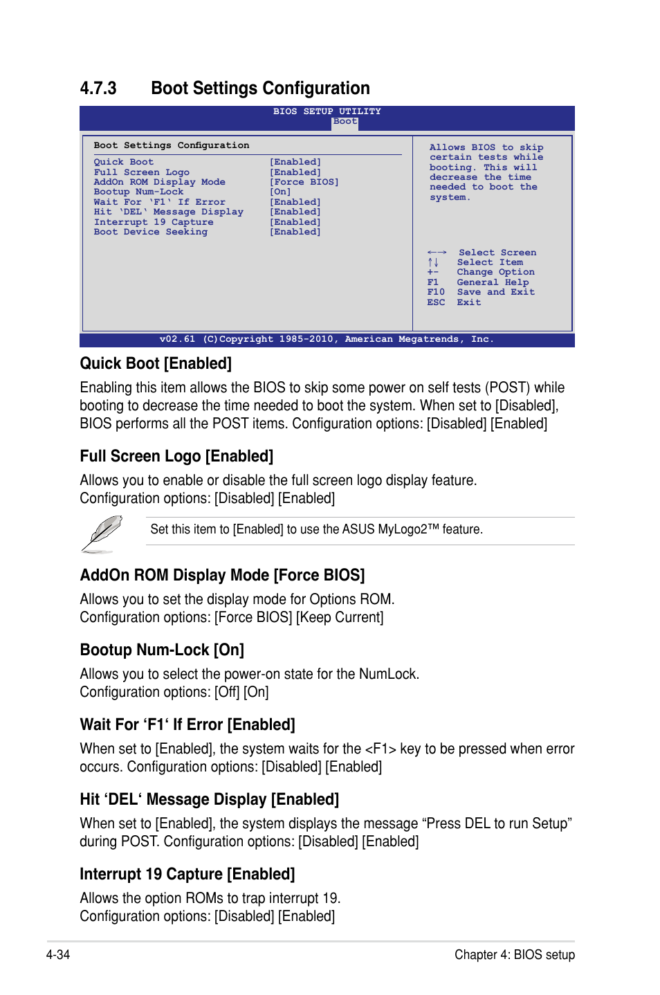 3 boot settings configuration, Quick boot [enabled, Full screen logo [enabled | Addon rom display mode [force bios, Bootup num-lock [on, Wait for ‘f1‘ if error [enabled, Hit ‘del‘ message display [enabled, Interrupt 19 capture [enabled | Asus KCMR-D12 User Manual | Page 92 / 144