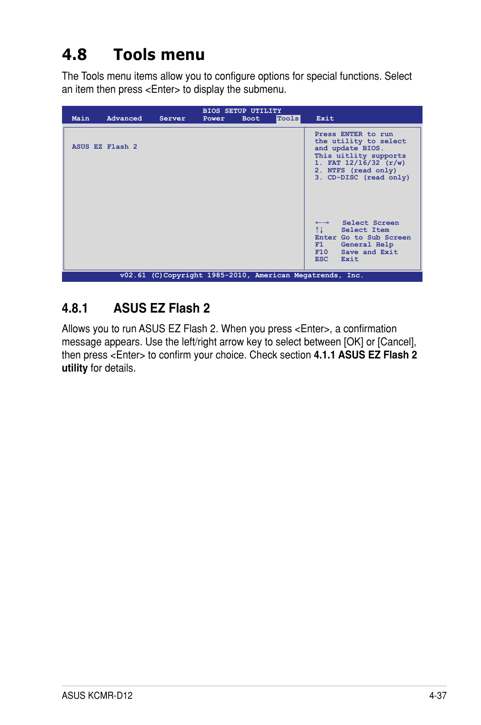 8 tools menu, 1 asus ez flash 2 | Asus KCMR-D12 User Manual | Page 95 / 144