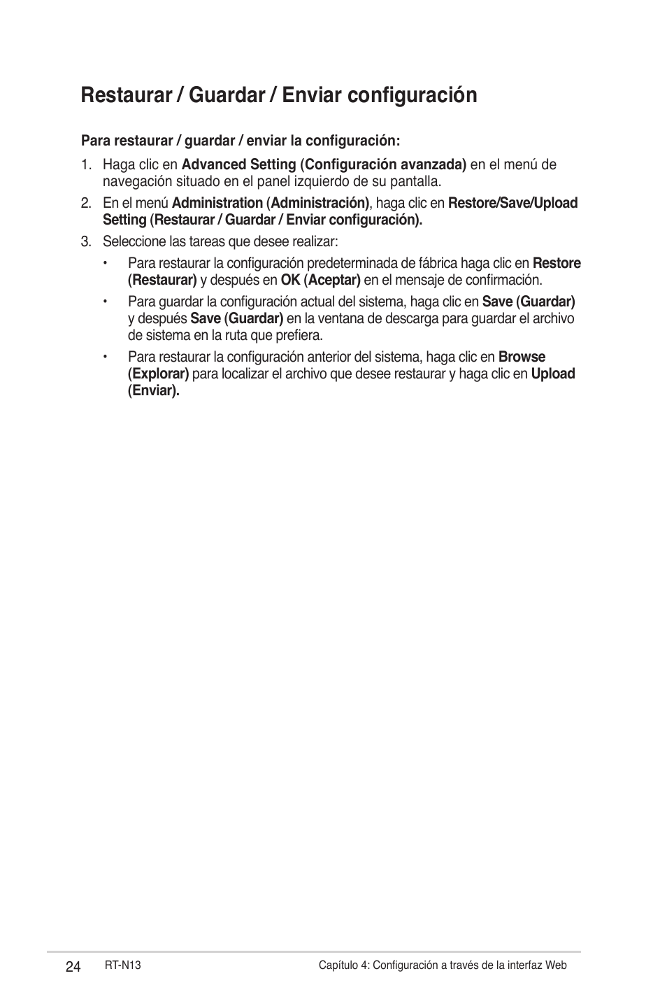 Restaurar / guardar / enviar configuración | Asus RT-N13 User Manual | Page 24 / 46