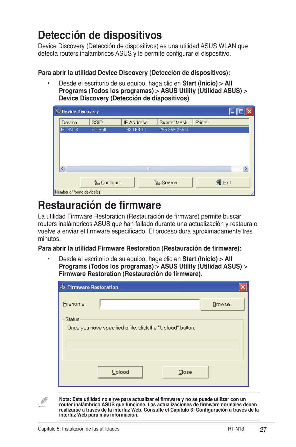 Detección de dispositivos, Restauración de firmware | Asus RT-N13 User Manual | Page 27 / 46