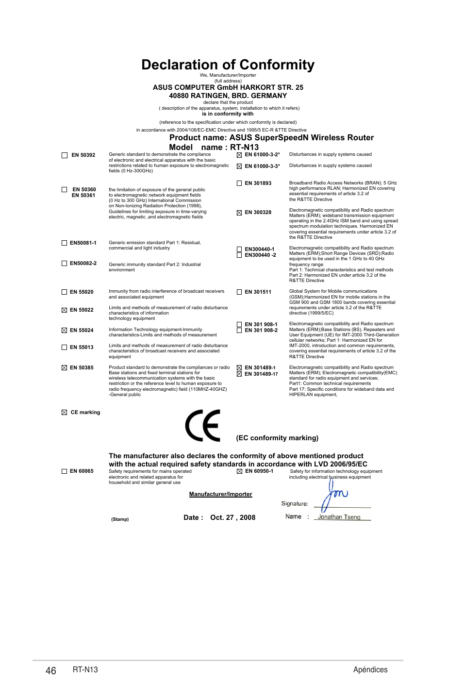 Declaration of conformity, Rt-n1 apéndices | Asus RT-N13 User Manual | Page 46 / 46