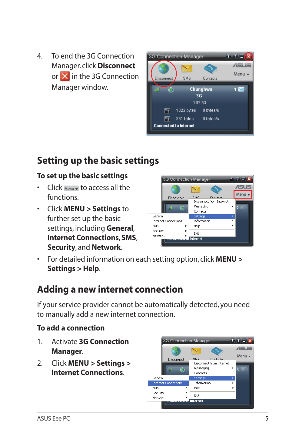 Setting up the basic settings, Adding a new internet connection | Asus Eee PC 1101HAG User Manual | Page 5 / 10