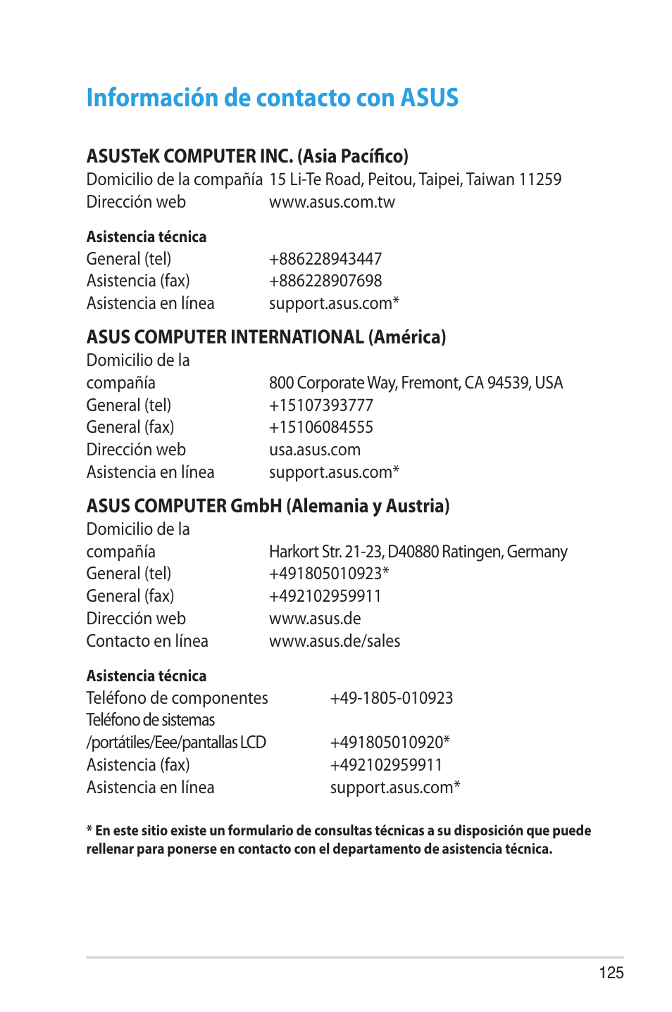 Información de contacto con asus | Asus RT-AC68U User Manual | Page 125 / 128