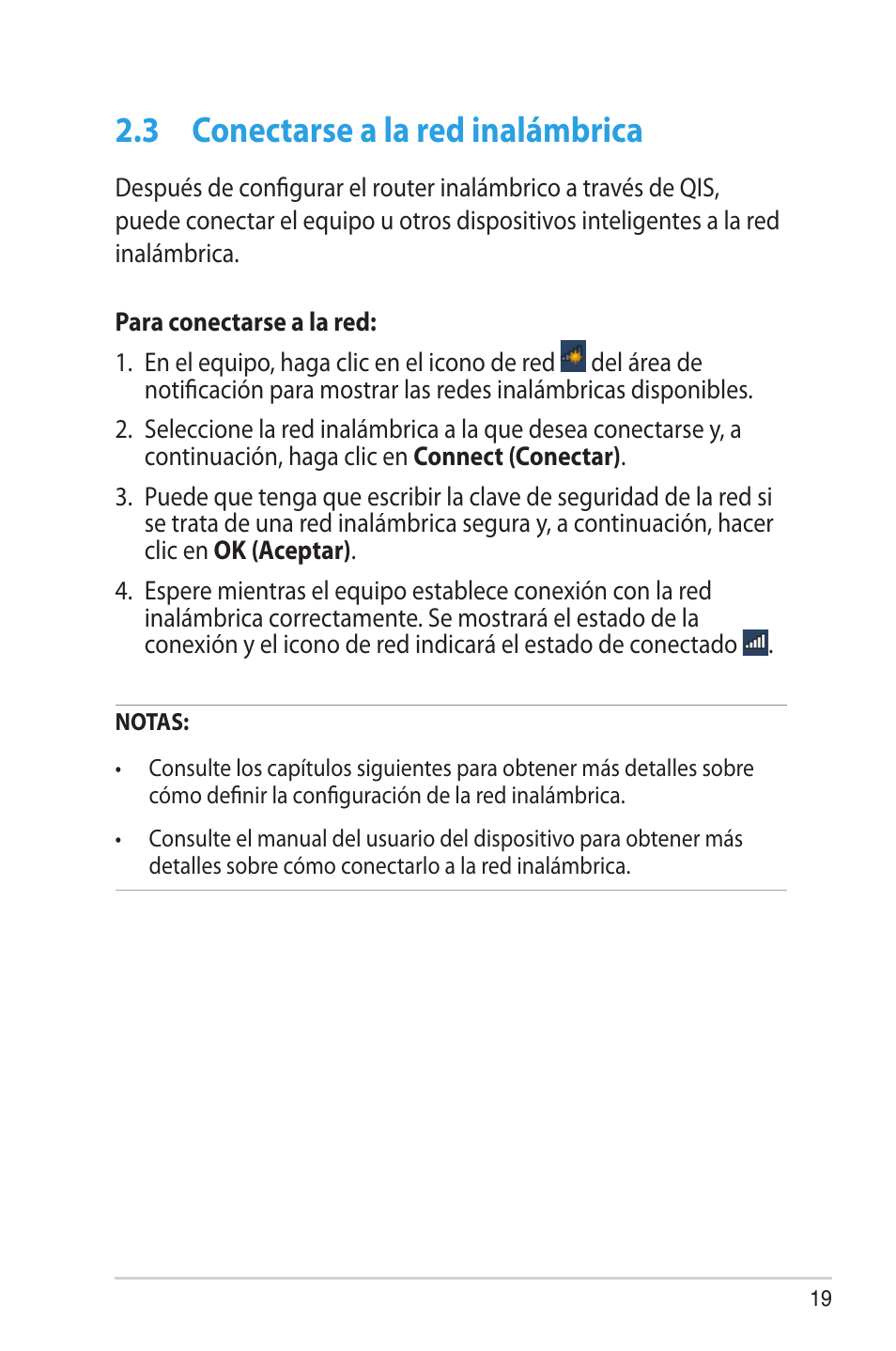 3 conectarse a la red inalámbrica, Conectarse a la red inalámbrica | Asus RT-AC68U User Manual | Page 19 / 128