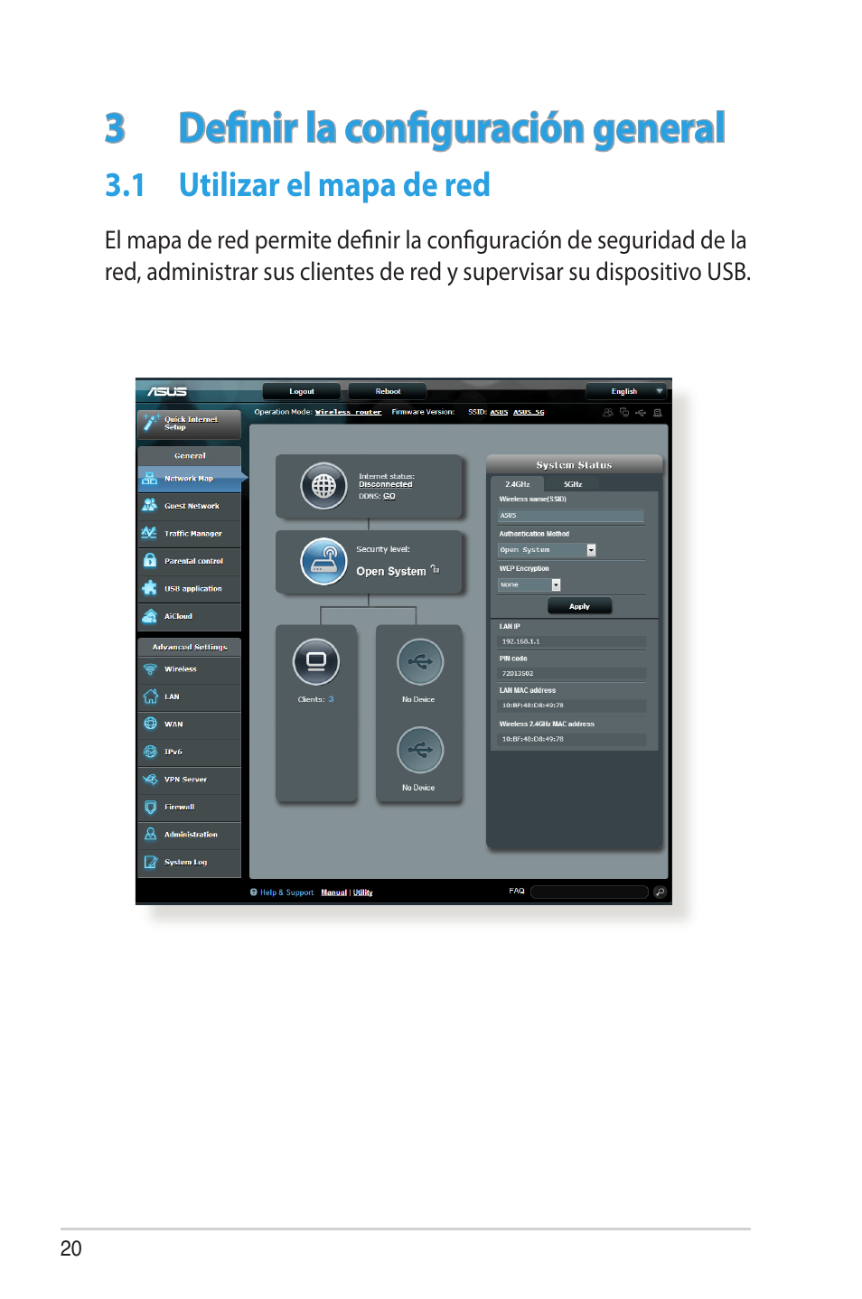 3 definir la configuración general, 1 utilizar el mapa de red, Definir la configuración general | Utilizar el mapa de red | Asus RT-AC68U User Manual | Page 20 / 128