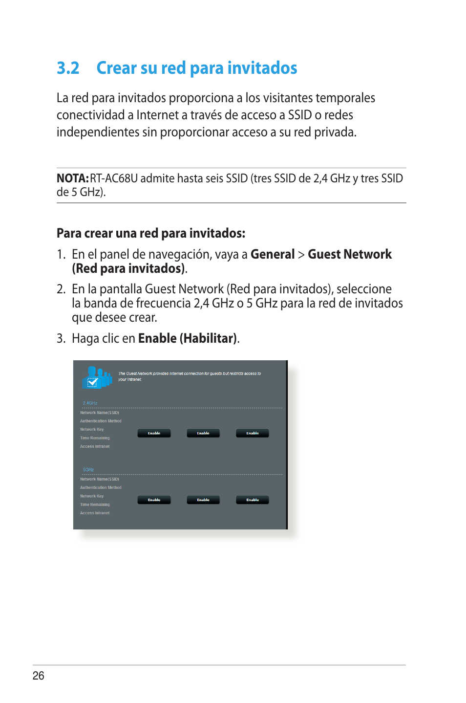 2 crear su red para invitados, Crear su red para invitados | Asus RT-AC68U User Manual | Page 26 / 128