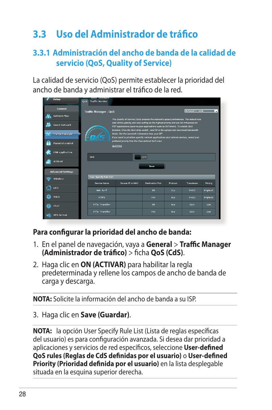 3 uso del administrador de tráfico, Uso del administrador de tráfico, 1 administración del ancho de banda de la calidad | De servicio (qos, quality of service) | Asus RT-AC68U User Manual | Page 28 / 128