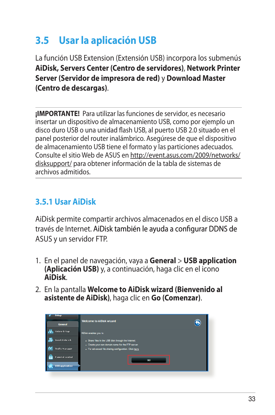 5 usar la aplicación usb, 1 usar aidisk, Usar la aplicación usb | Asus RT-AC68U User Manual | Page 33 / 128