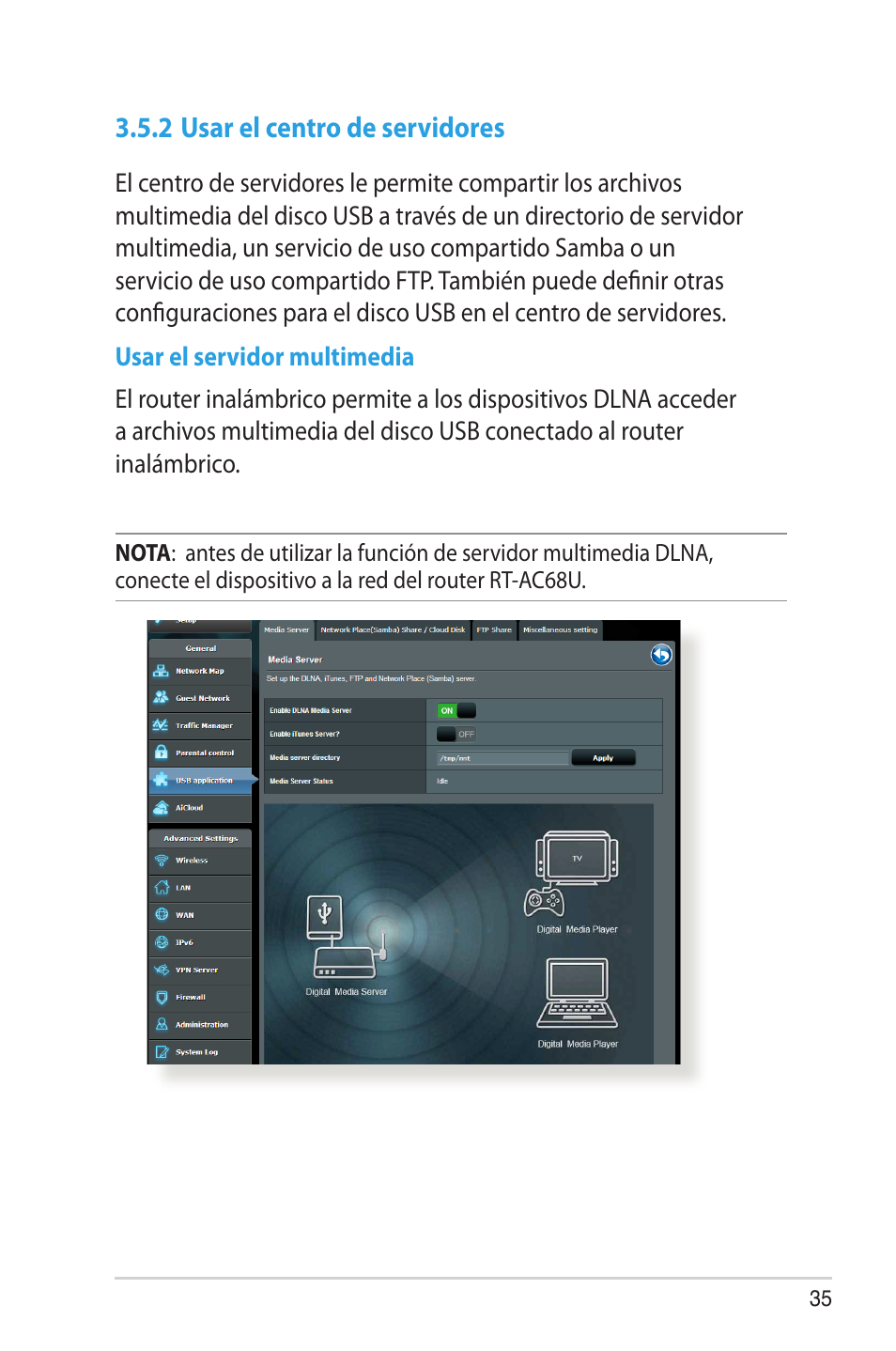 2 usar el centro de servidores | Asus RT-AC68U User Manual | Page 35 / 128