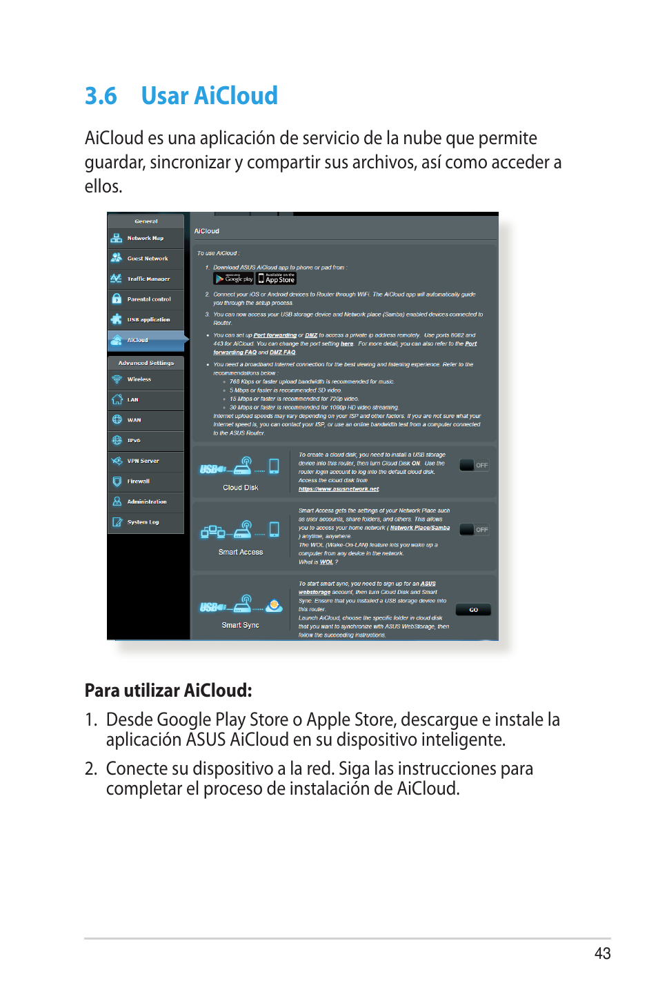 6 usar aicloud, Usar aicloud | Asus RT-AC68U User Manual | Page 43 / 128