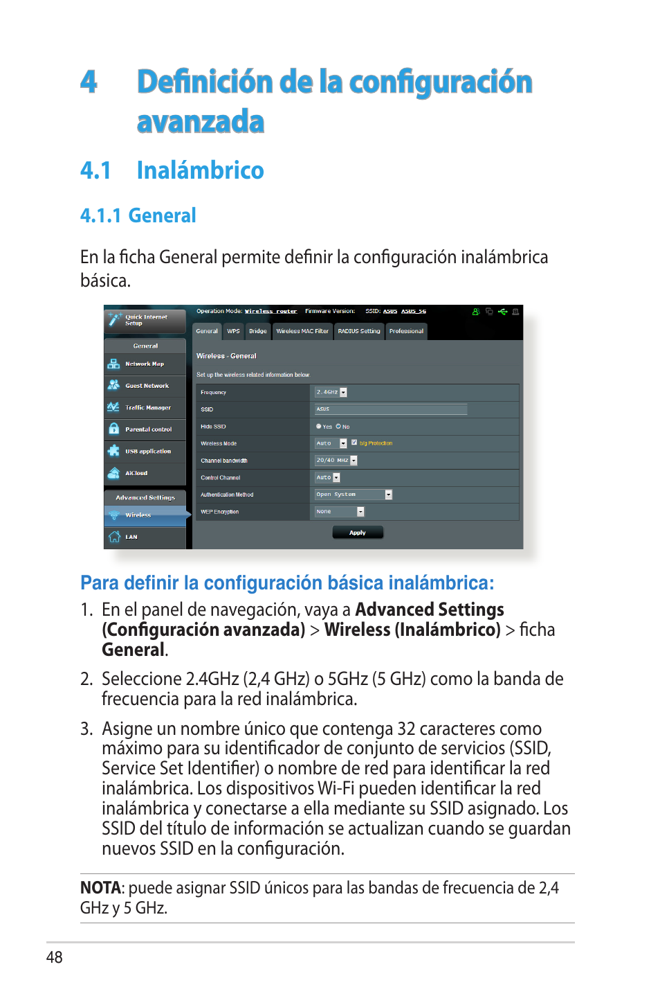 4 definición de la configuración avanzada, 1 inalámbrico, 1 general | Definición de la configuración avanzada, Inalámbrico | Asus RT-AC68U User Manual | Page 48 / 128